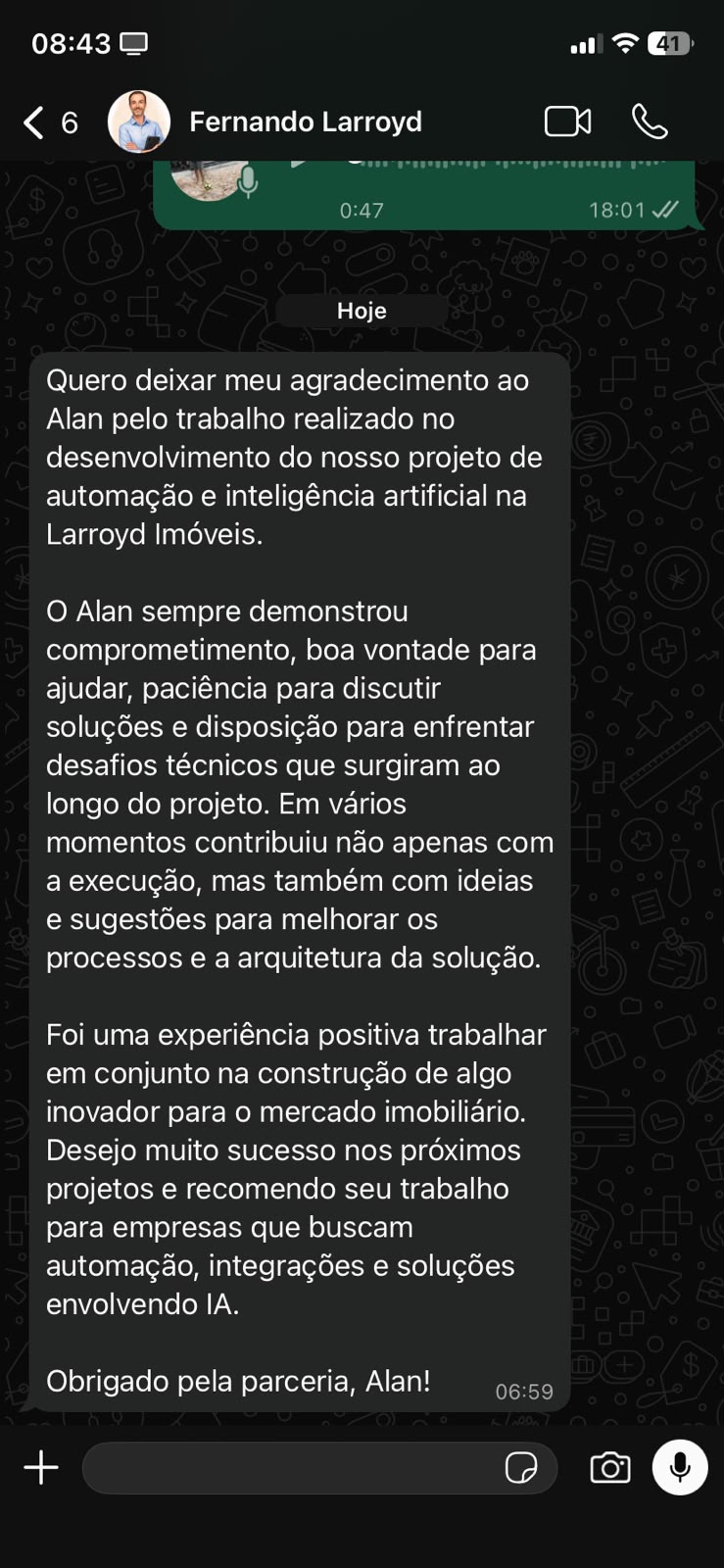 Depoimento Fernando Larroyd (Larroyd Imóveis) — projeto de automação e inteligência artificial