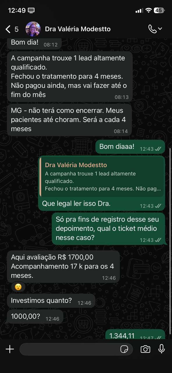 Depoimento Dra. Valéria — campanha trouxe lead qualificado com ticket de R$ 17 mil