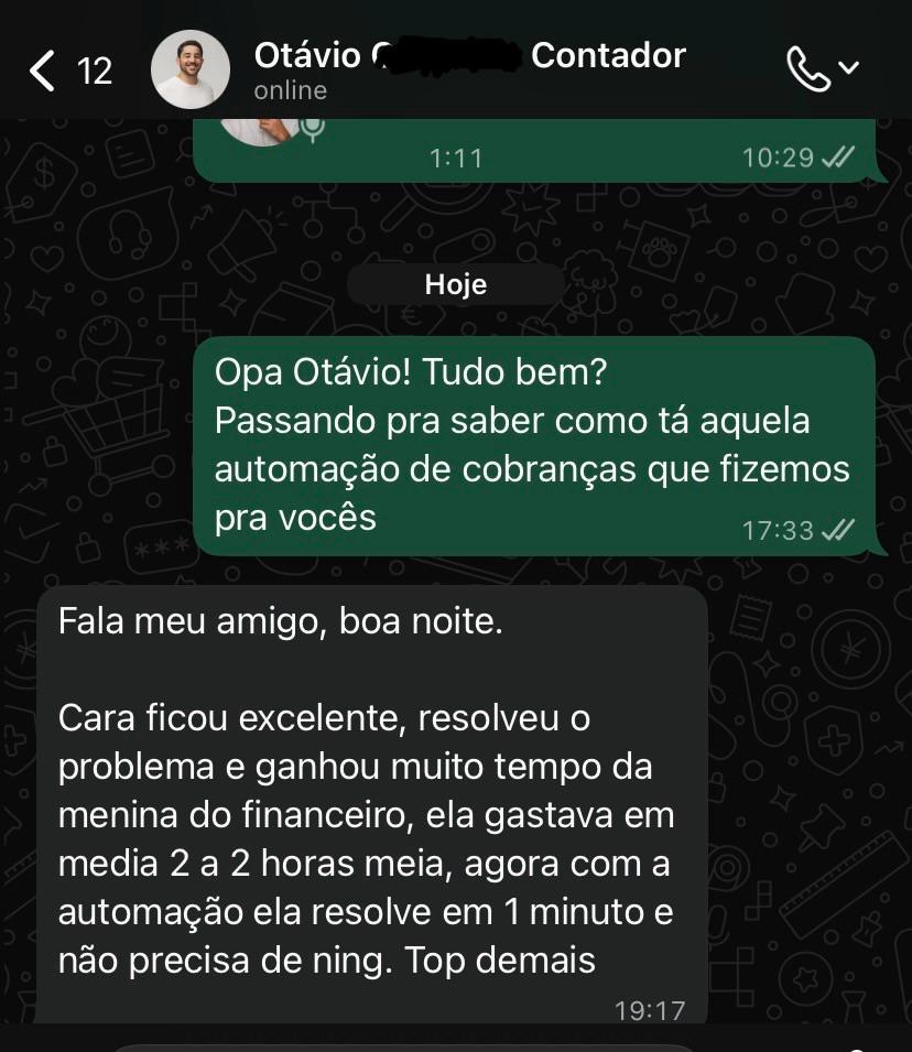 Depoimento Otávio (contador) — automação de cobranças, de 2h30 para 1 minuto